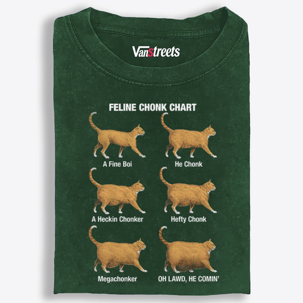 Feline Chonk Chart Cat Retro Washed T-Shirt | 100% Cotton | Streetwear Essential