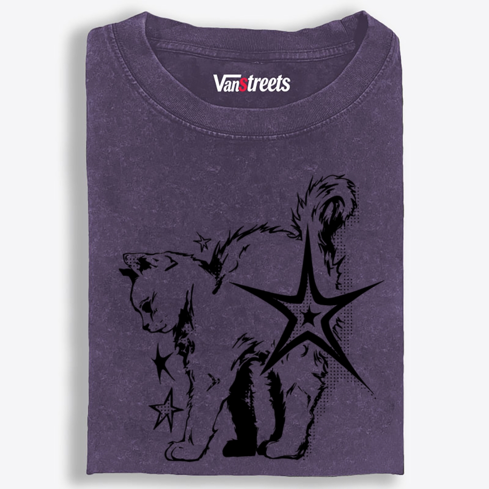 Grunge Star Punk Kitten Halftone Print Retro Washed T-Shirt | 100% Cotton | Streetwear Essential