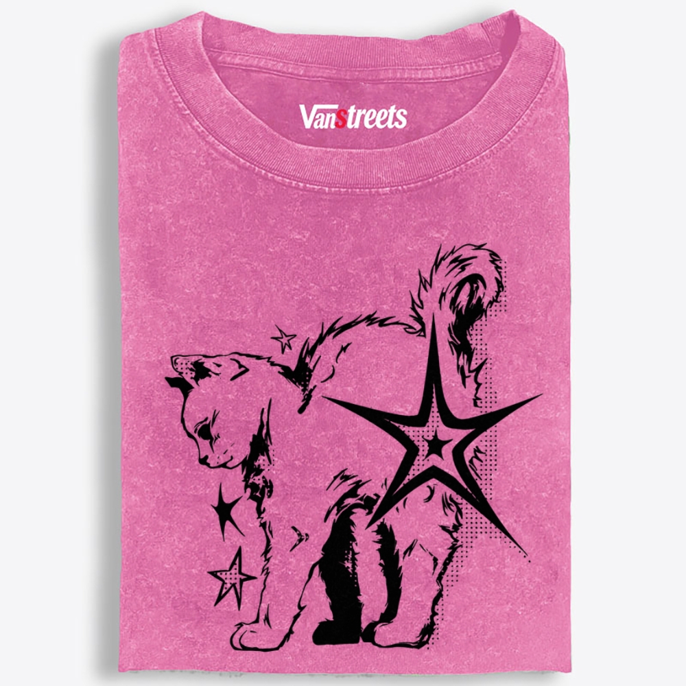 Grunge Star Punk Kitten Halftone Print Retro Washed T-Shirt | 100% Cotton | Streetwear Essential