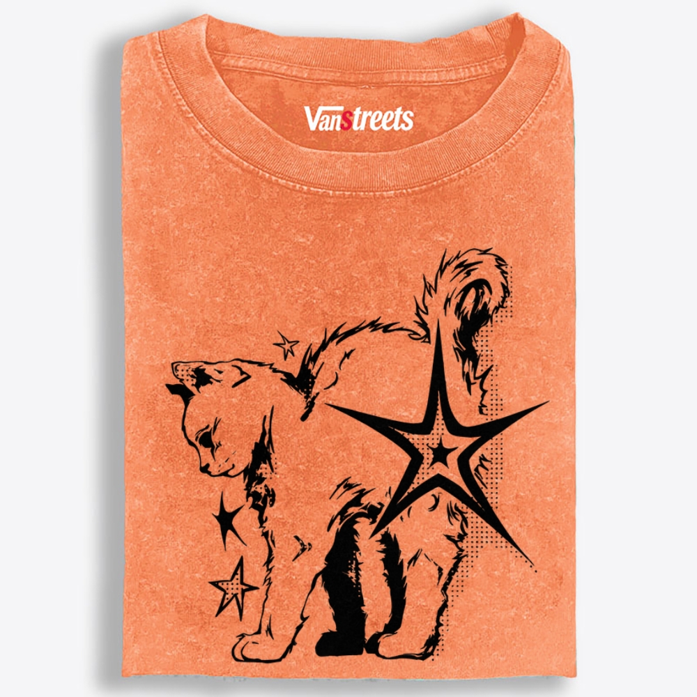 Grunge Star Punk Kitten Halftone Print Retro Washed T-Shirt | 100% Cotton | Streetwear Essential