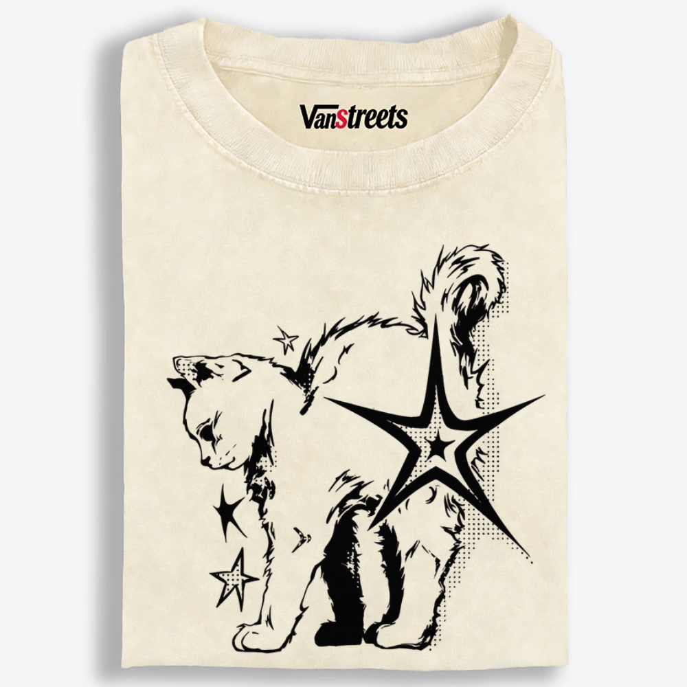 Grunge Star Punk Kitten Halftone Print Retro Washed T-Shirt | 100% Cotton | Streetwear Essential
