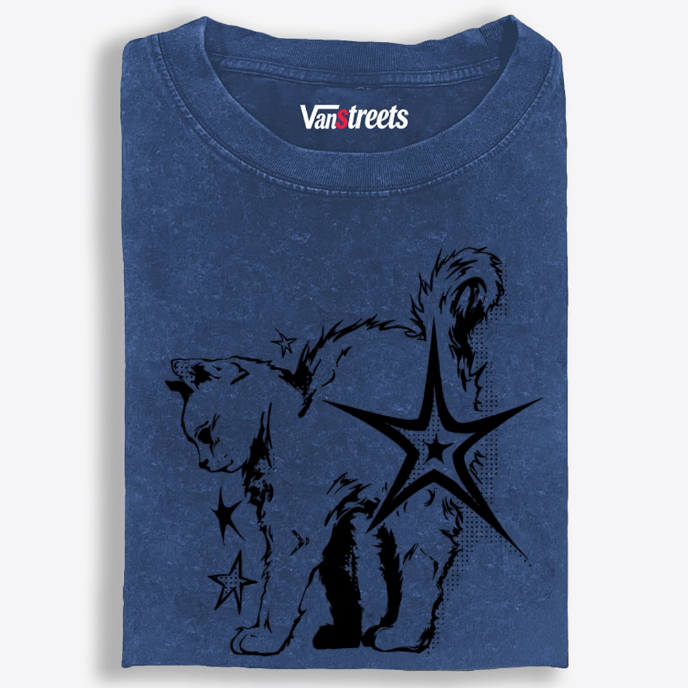 Grunge Star Punk Kitten Halftone Print Retro Washed T-Shirt | 100% Cotton | Streetwear Essential