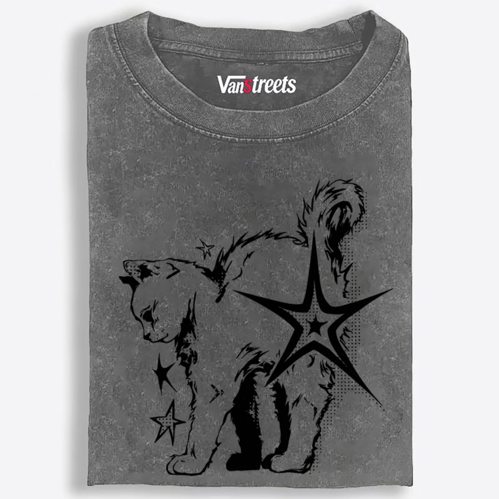 Grunge Star Punk Kitten Halftone Print Retro Washed T-Shirt | 100% Cotton | Streetwear Essential