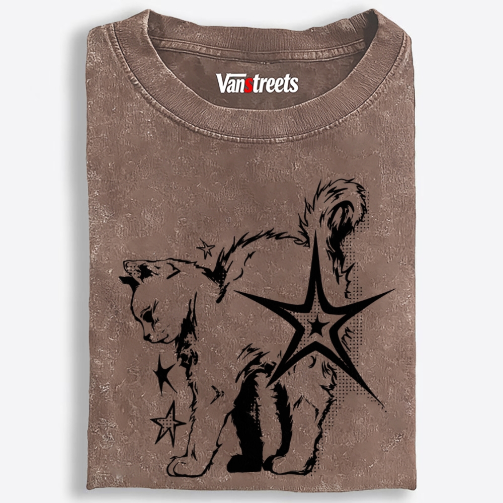 Grunge Star Punk Kitten Halftone Print Retro Washed T-Shirt | 100% Cotton | Streetwear Essential