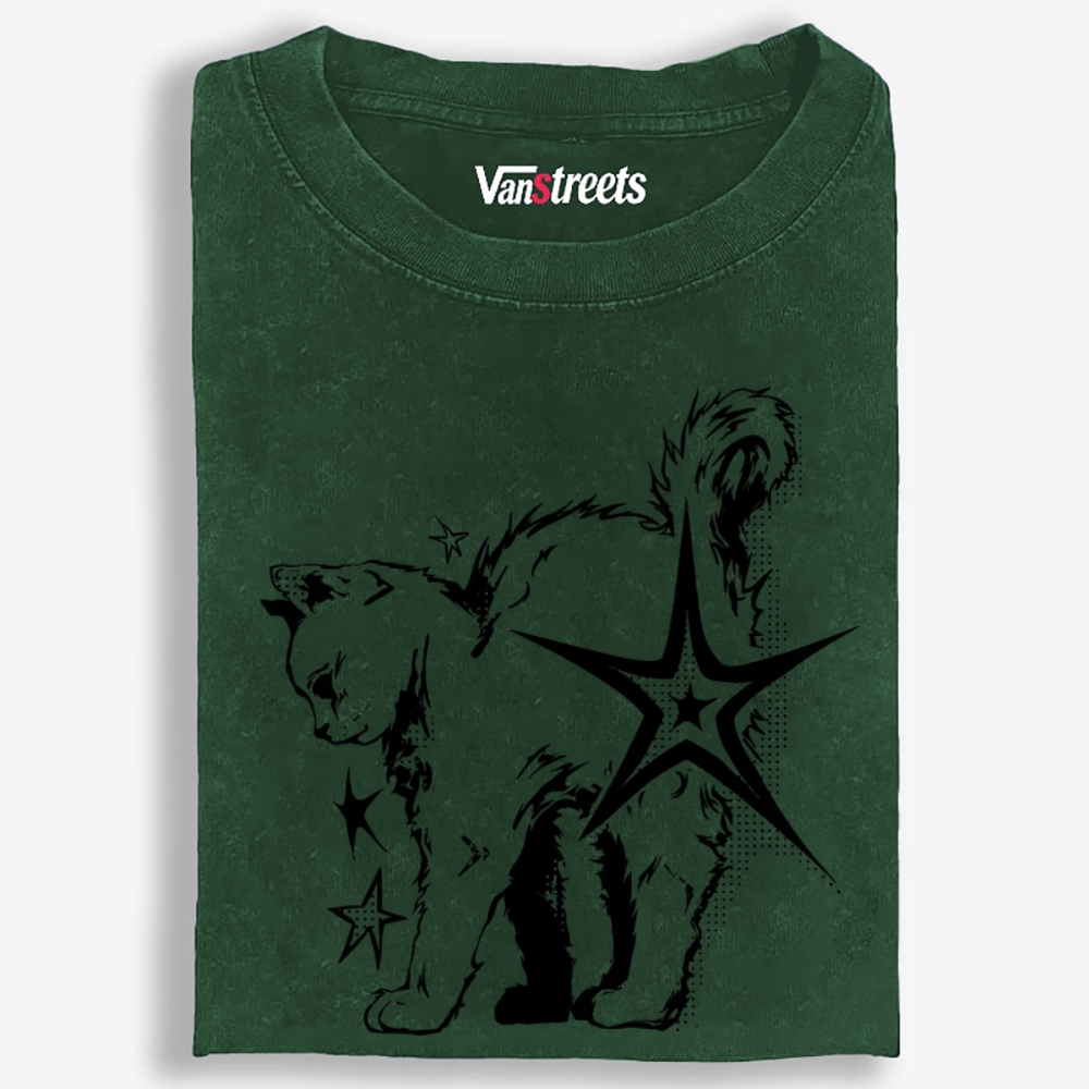 Grunge Star Punk Kitten Halftone Print Retro Washed T-Shirt | 100% Cotton | Streetwear Essential