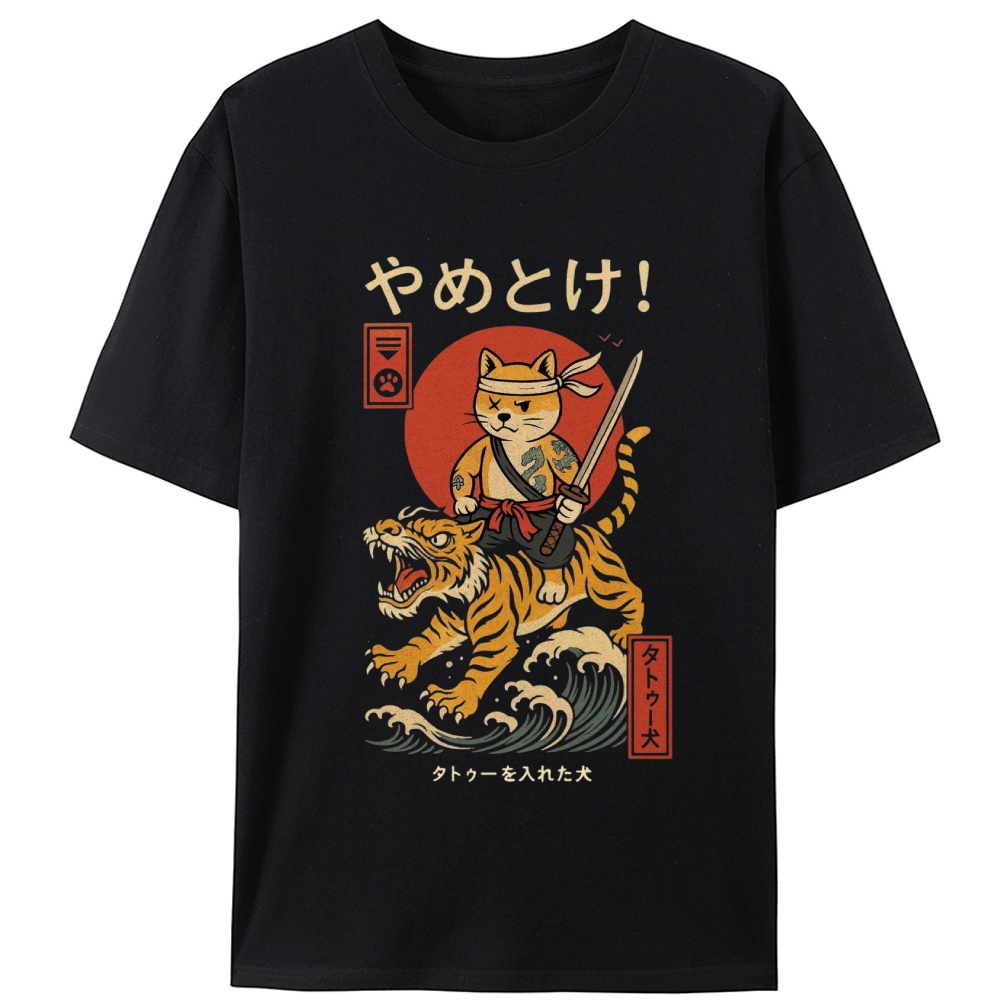 Samurai Shiba Riding Tiger Retro Designed for Women - Slim Fit Cotton Tee