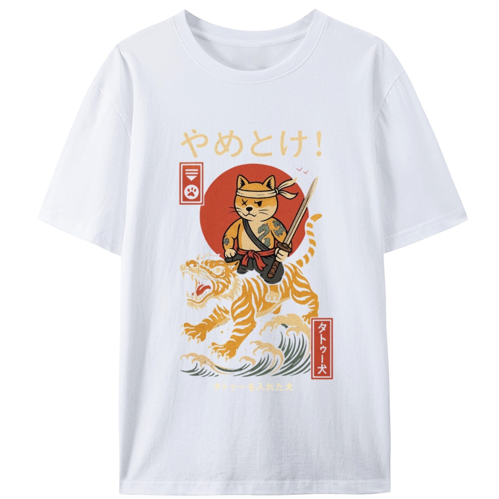 Samurai Shiba Riding Tiger Retro Designed for Women - Slim Fit Cotton Tee
