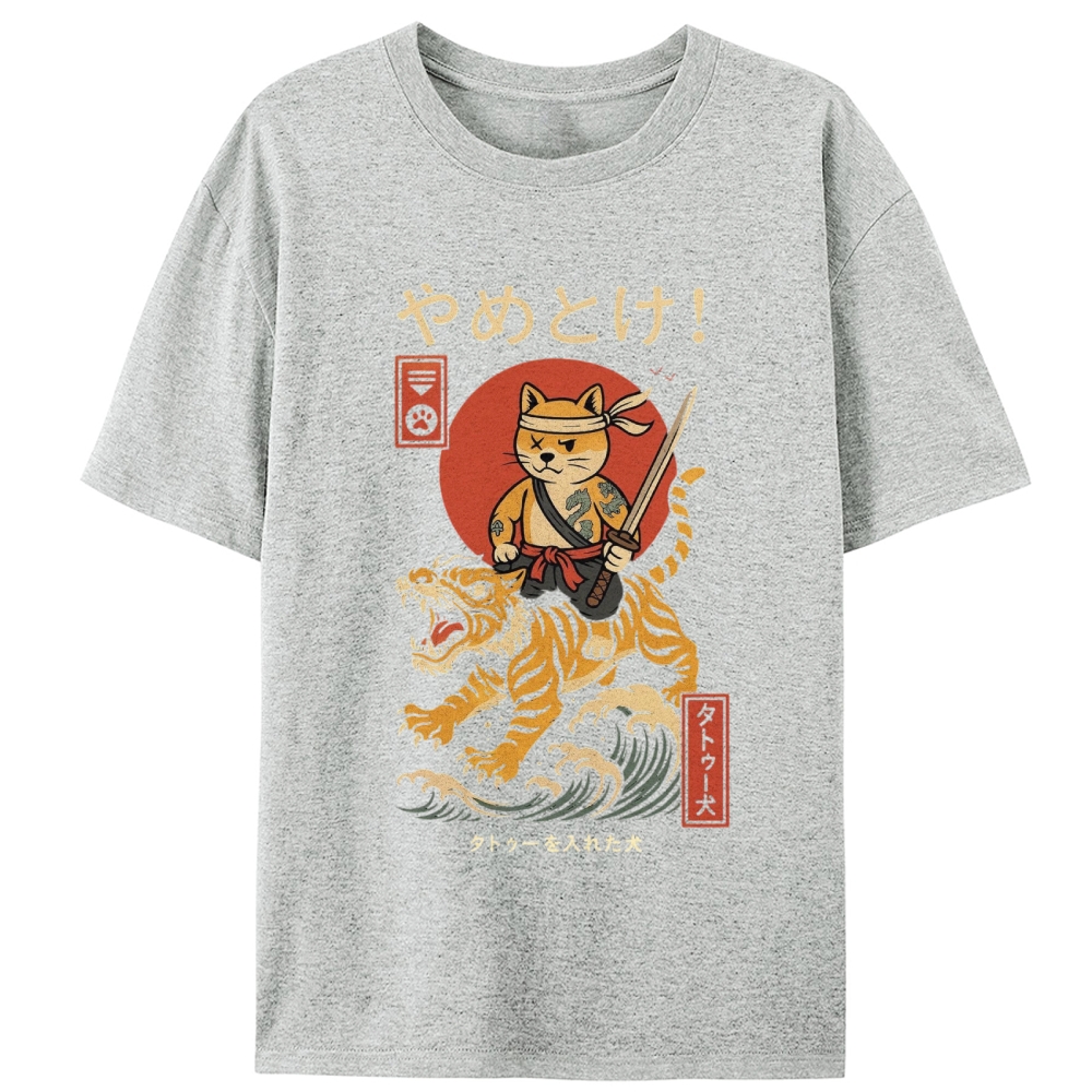 Samurai Shiba Riding Tiger Retro Designed for Women - Slim Fit Cotton Tee