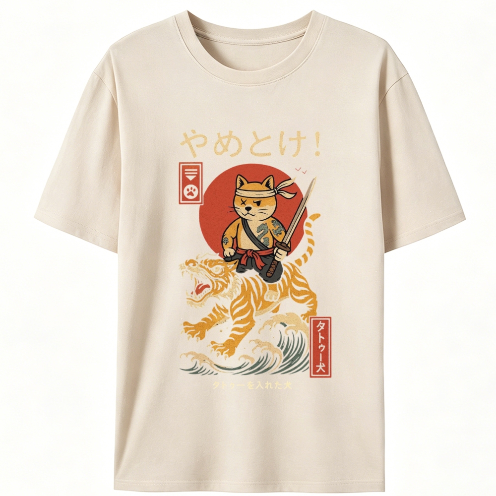 Samurai Shiba Riding Tiger Retro Designed for Women - Slim Fit Cotton Tee