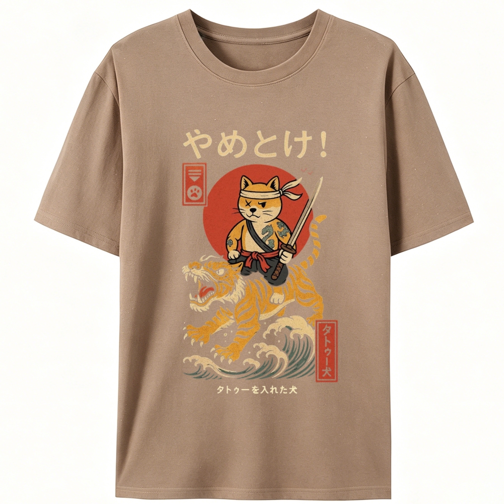 Samurai Shiba Riding Tiger Retro Designed for Women - Slim Fit Cotton Tee