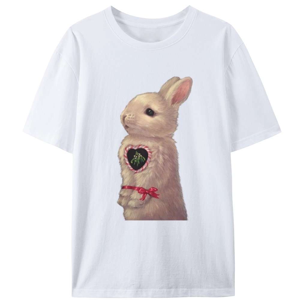 Heart Mistletoe Fluffy Rabbit Retro Designed for Women - Slim Fit Cotton Tee