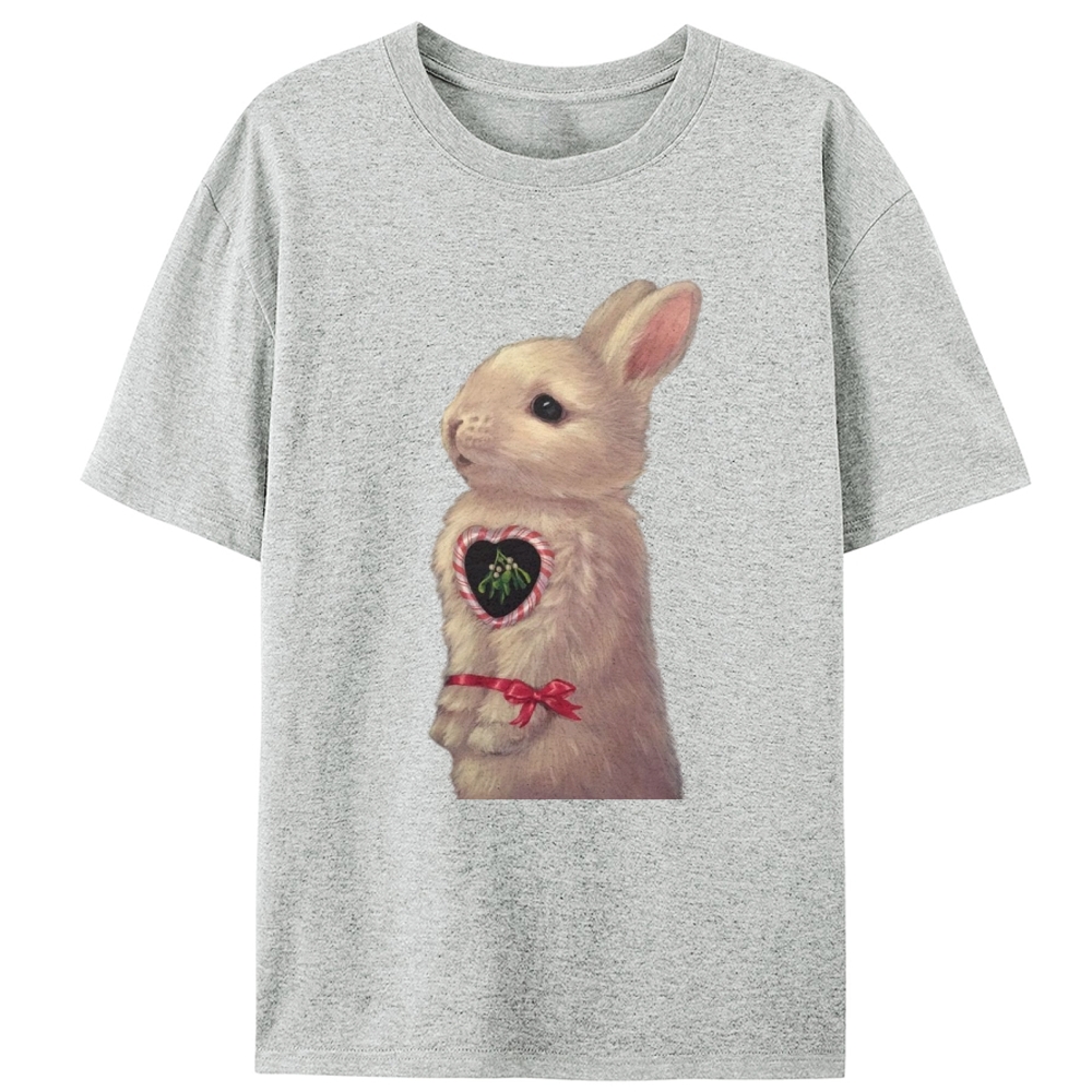 Heart Mistletoe Fluffy Rabbit Retro Designed for Women - Slim Fit Cotton Tee