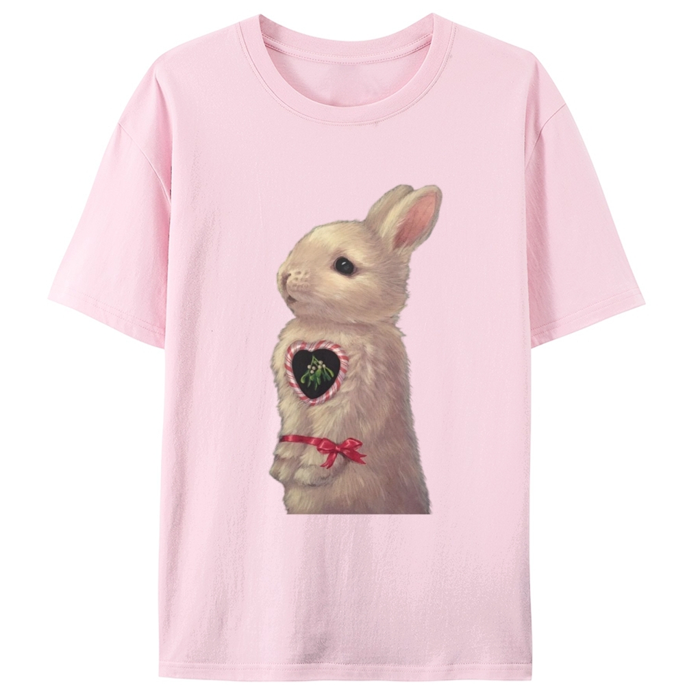 Heart Mistletoe Fluffy Rabbit Retro Designed for Women - Slim Fit Cotton Tee