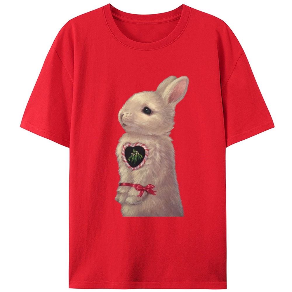 Heart Mistletoe Fluffy Rabbit Retro Designed for Women - Slim Fit Cotton Tee