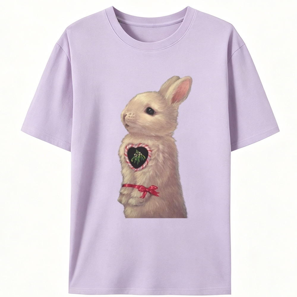 Heart Mistletoe Fluffy Rabbit Retro Designed for Women - Slim Fit Cotton Tee