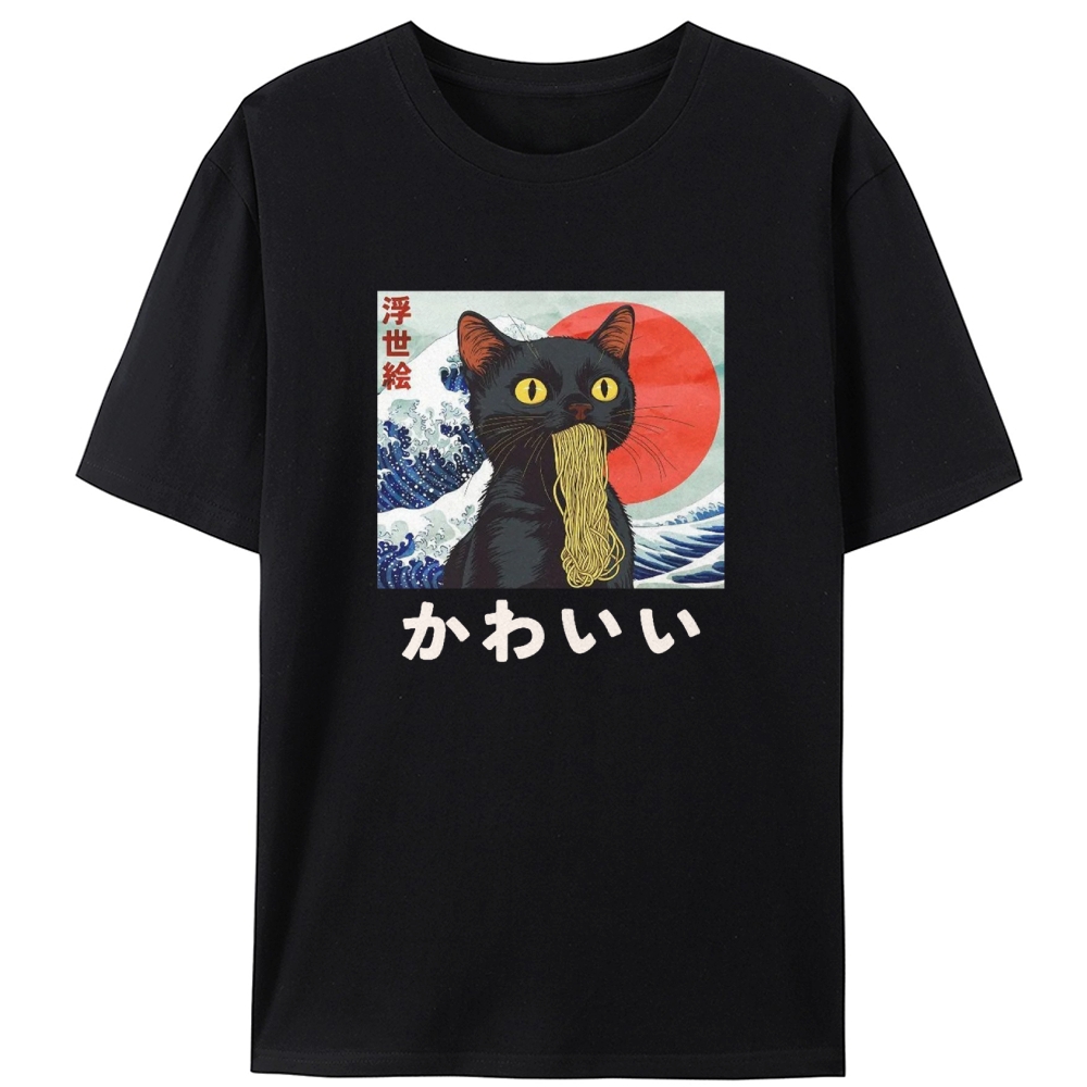 Ukiyo-e Ramen Cat Retro Designed for Women - Slim Fit Cotton Tee