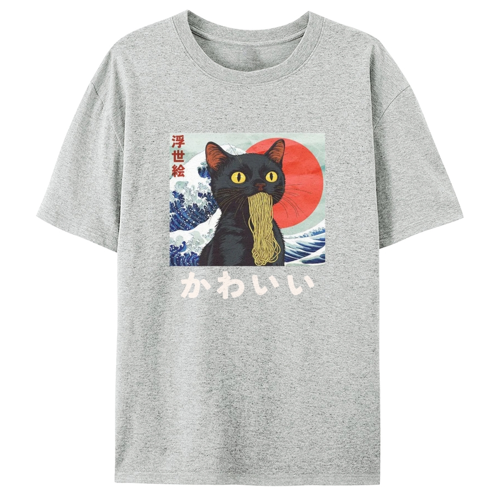 Ukiyo-e Ramen Cat Retro Designed for Women - Slim Fit Cotton Tee