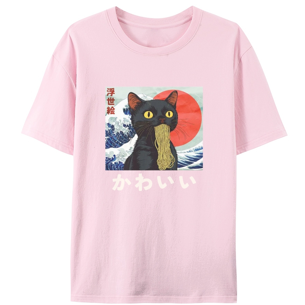 Ukiyo-e Ramen Cat Retro Designed for Women - Slim Fit Cotton Tee