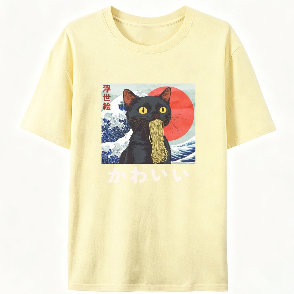 Ukiyo-e Ramen Cat Retro Designed for Women - Slim Fit Cotton Tee