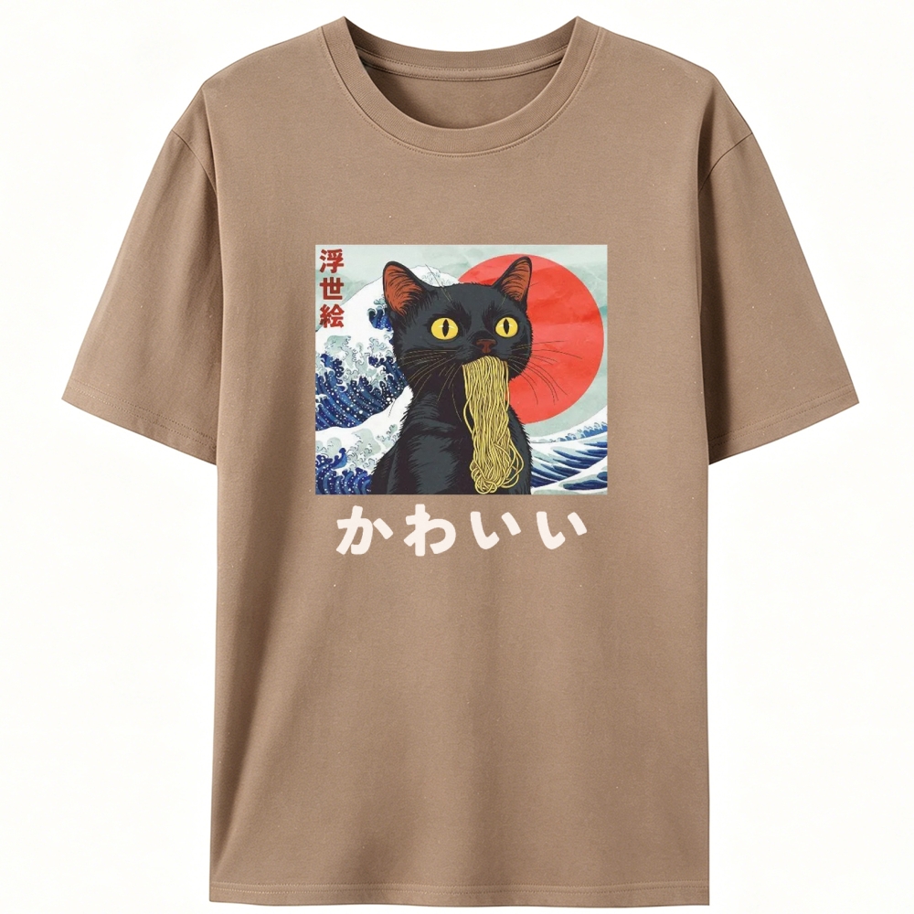 Ukiyo-e Ramen Cat Retro Designed for Women - Slim Fit Cotton Tee