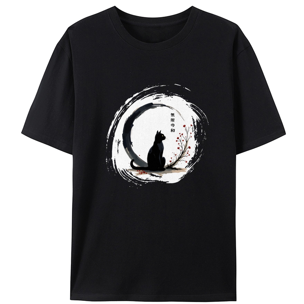 Infinite Peace Black Cat Ukiyo-e Retro Designed for Women - Slim Fit Cotton Tee