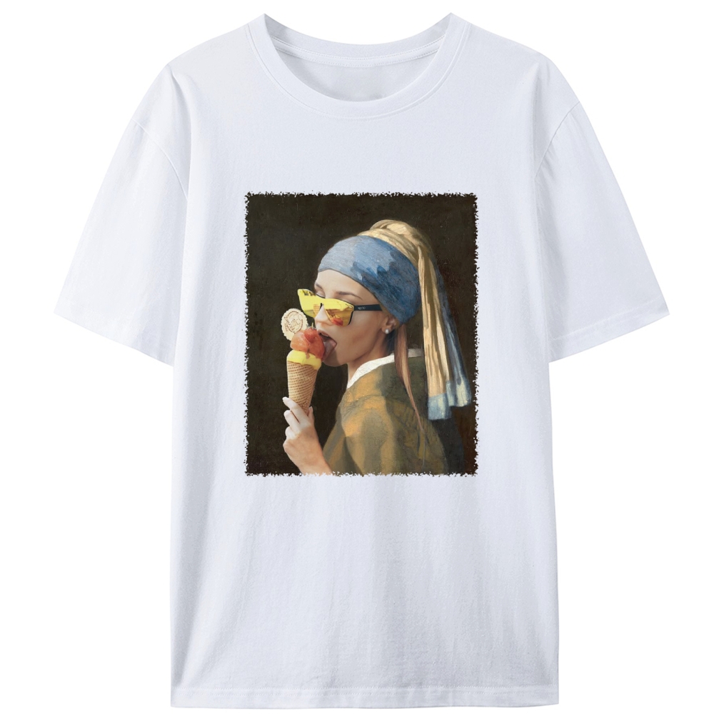 Pearl Earring Ice Cream Girl Retro Designed for Women - Slim Fit Cotton Tee