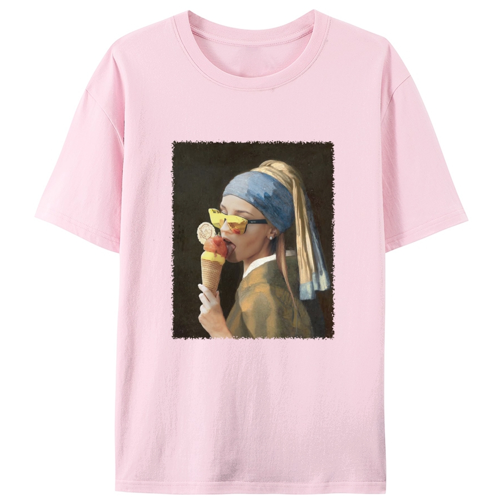 Pearl Earring Ice Cream Girl Retro Designed for Women - Slim Fit Cotton Tee