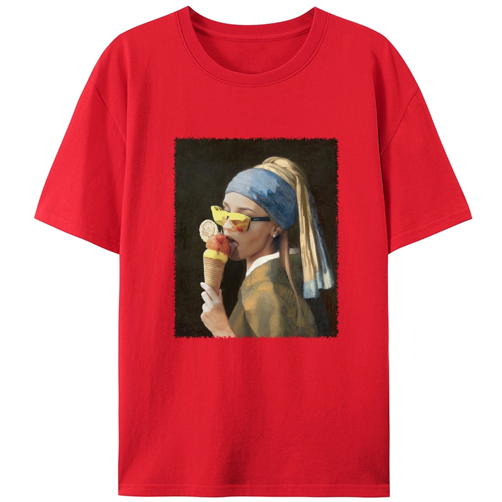 Pearl Earring Ice Cream Girl Retro Designed for Women - Slim Fit Cotton Tee