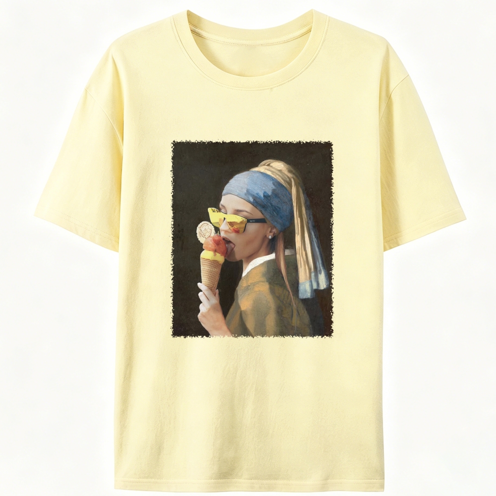 Pearl Earring Ice Cream Girl Retro Designed for Women - Slim Fit Cotton Tee