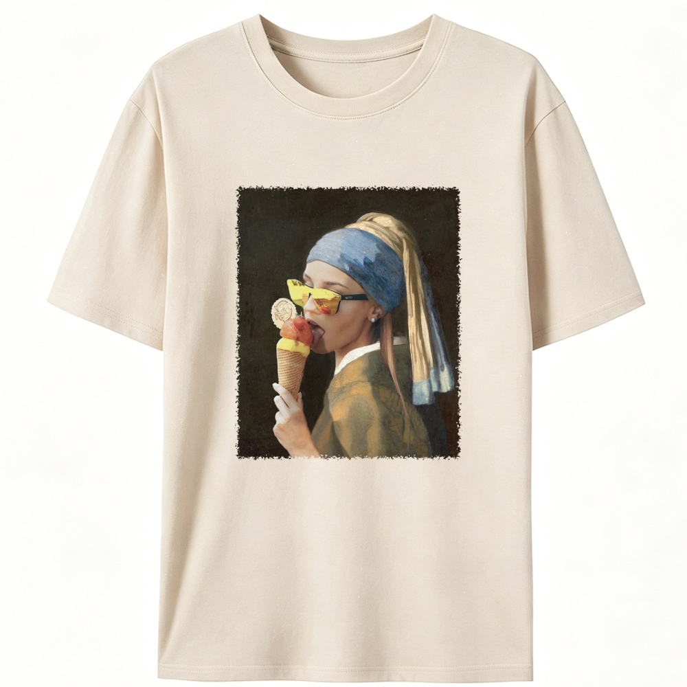 Pearl Earring Ice Cream Girl Retro Designed for Women - Slim Fit Cotton Tee