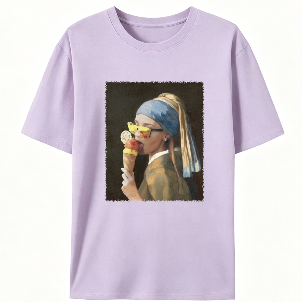 Pearl Earring Ice Cream Girl Retro Designed for Women - Slim Fit Cotton Tee