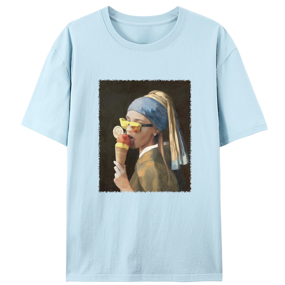 Pearl Earring Ice Cream Girl Retro Designed for Women - Slim Fit Cotton Tee