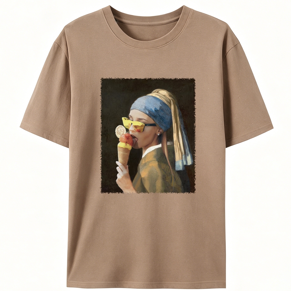 Pearl Earring Ice Cream Girl Retro Designed for Women - Slim Fit Cotton Tee