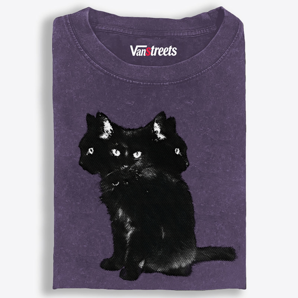 Three-Headed Black Cat Retro Washed T-Shirt | 100% Cotton | Streetwear Essential