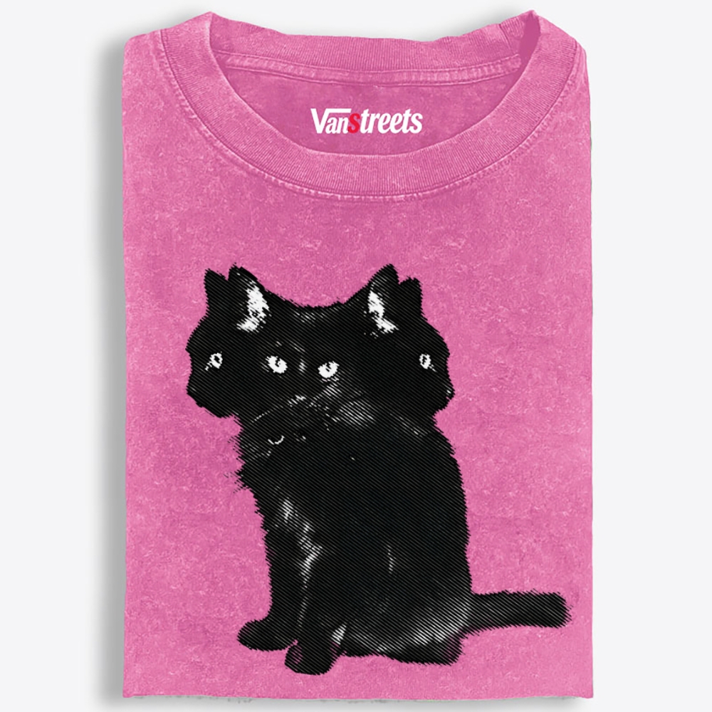 Three-Headed Black Cat Retro Washed T-Shirt | 100% Cotton | Streetwear Essential
