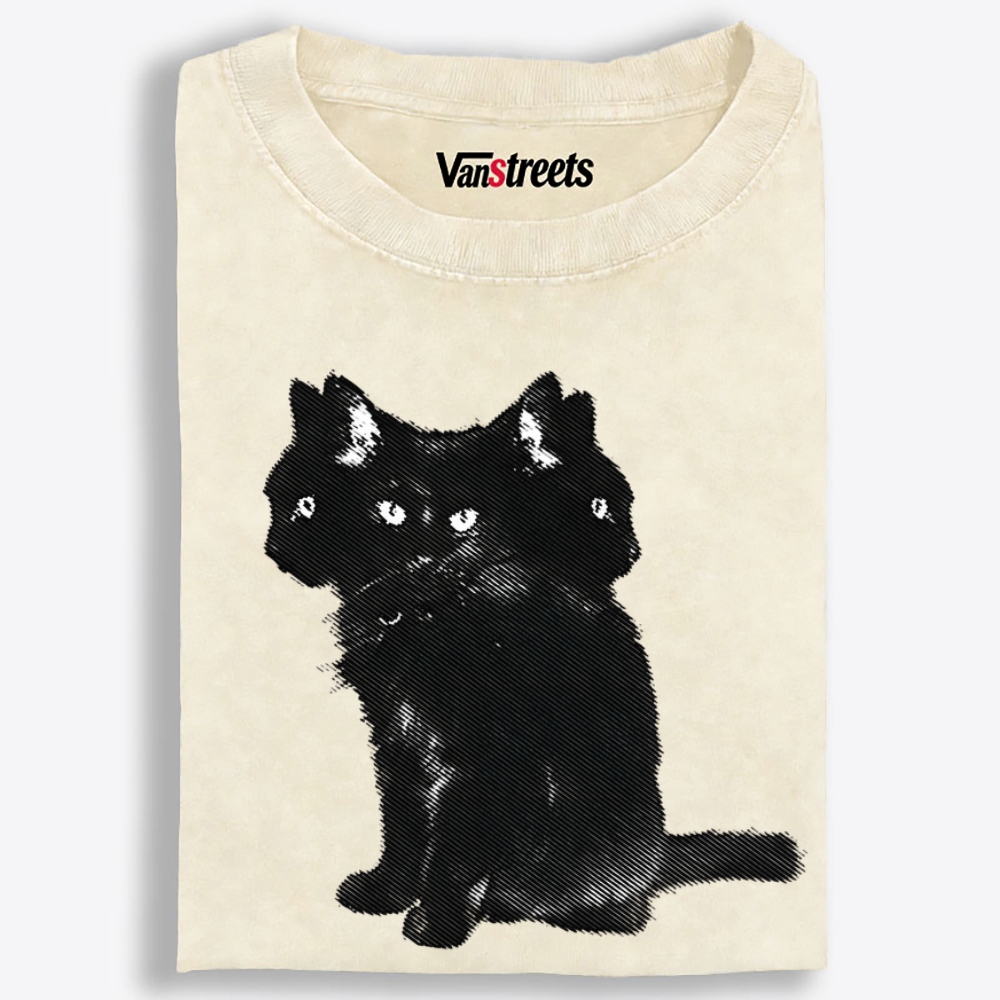 Three-Headed Black Cat Retro Washed T-Shirt | 100% Cotton | Streetwear Essential