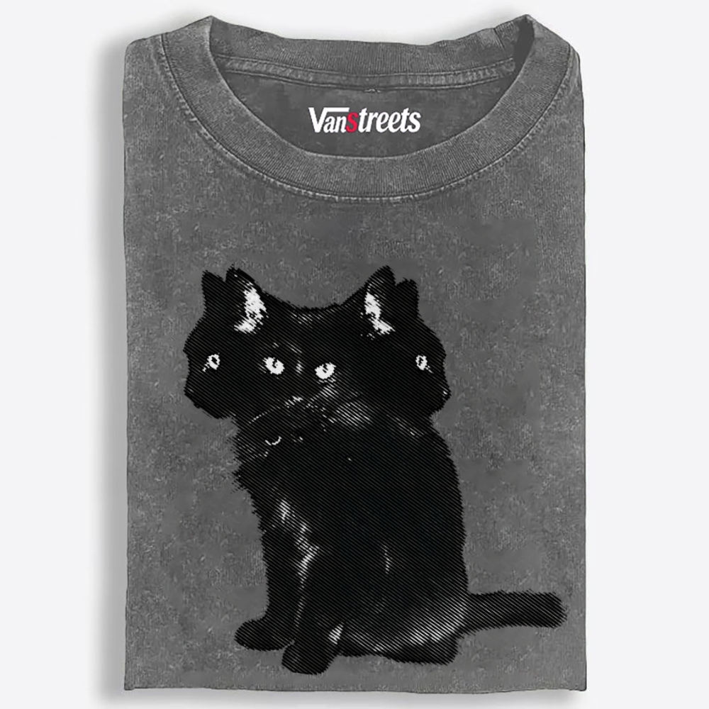 Three-Headed Black Cat Retro Washed T-Shirt | 100% Cotton | Streetwear Essential