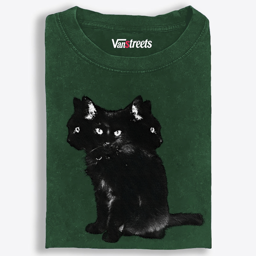 Three-Headed Black Cat Retro Washed T-Shirt | 100% Cotton | Streetwear Essential