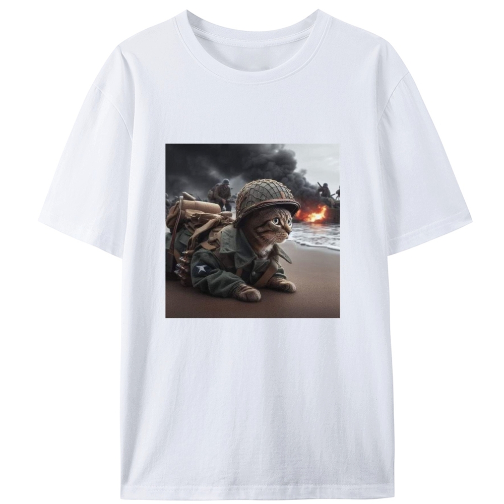Normandy Beach Cat Retro Designed for Women - Slim Fit Cotton Tee