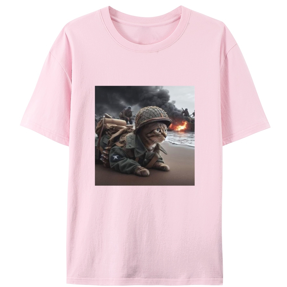 Normandy Beach Cat Retro Designed for Women - Slim Fit Cotton Tee