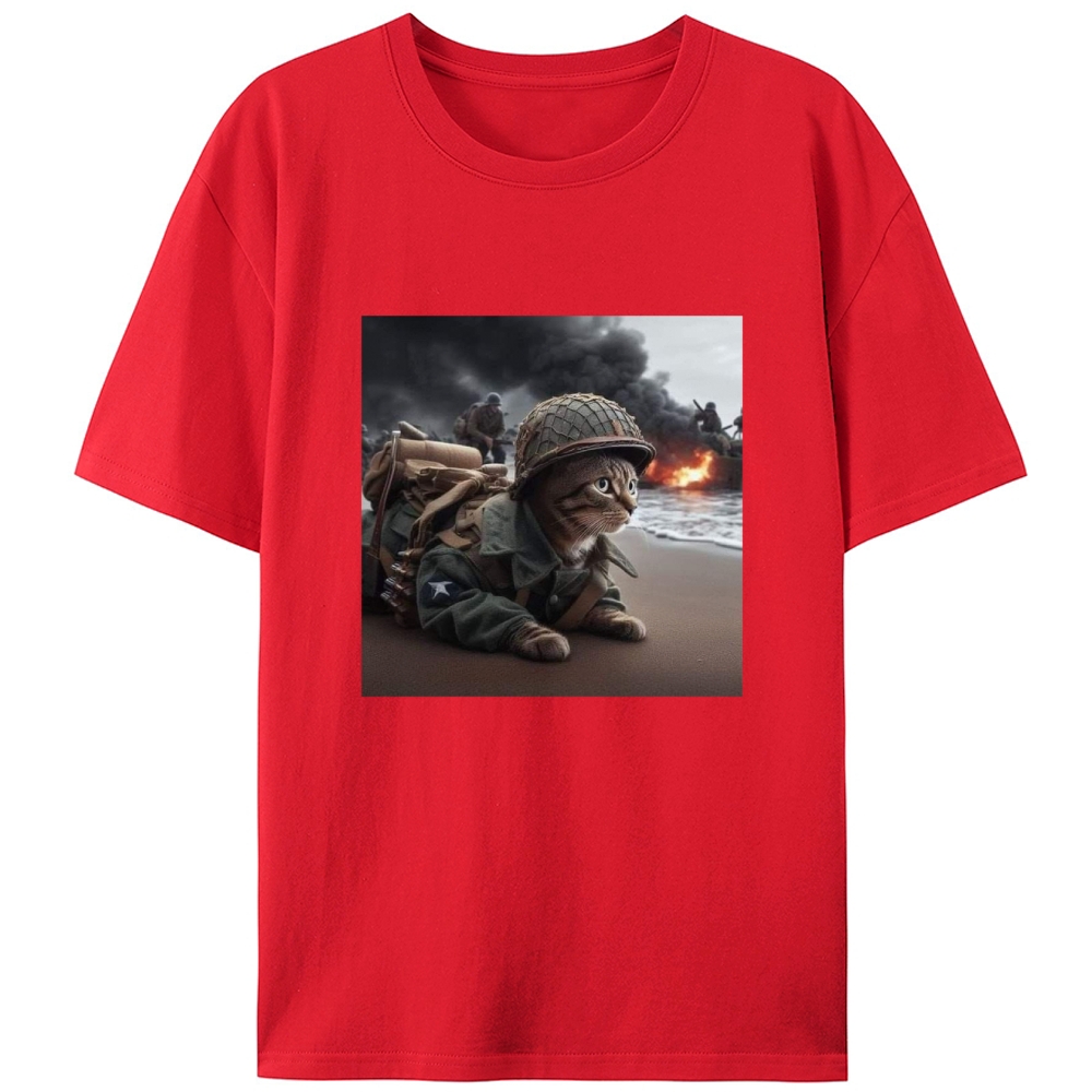 Normandy Beach Cat Retro Designed for Women - Slim Fit Cotton Tee