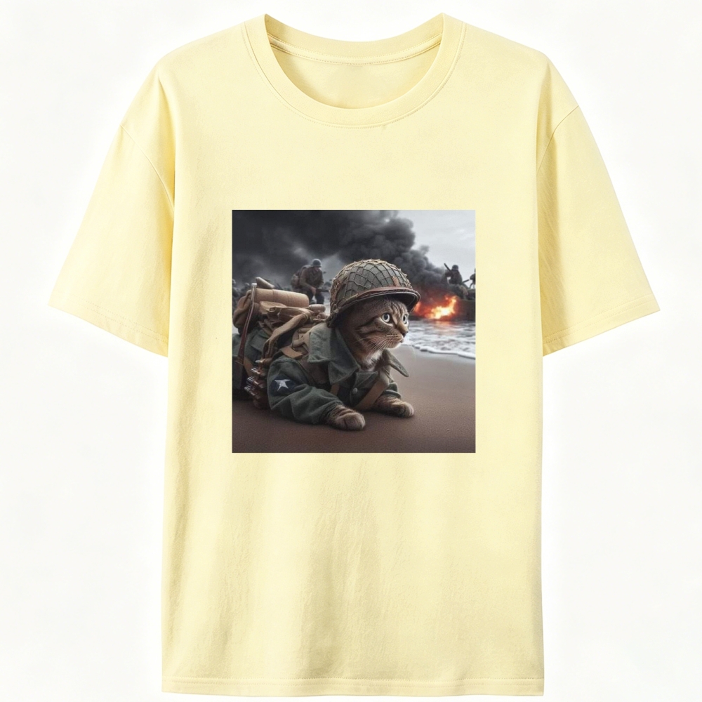 Normandy Beach Cat Retro Designed for Women - Slim Fit Cotton Tee