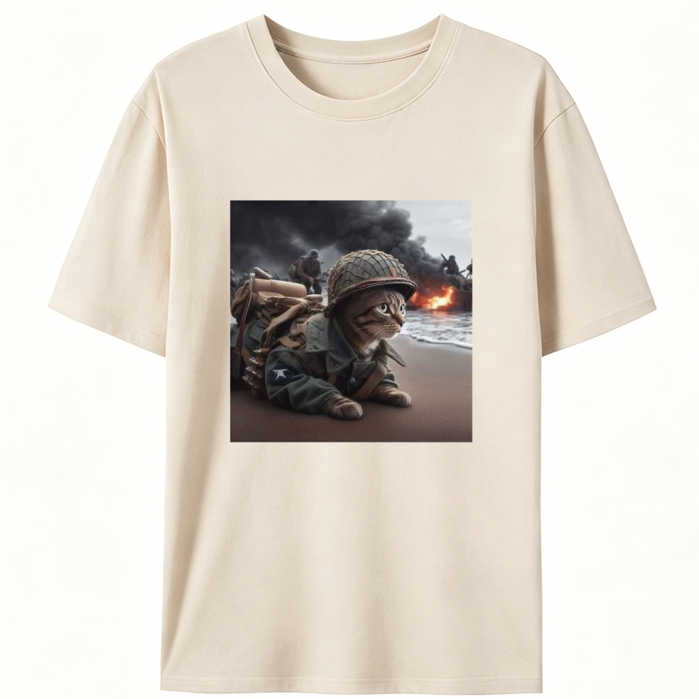 Normandy Beach Cat Retro Designed for Women - Slim Fit Cotton Tee