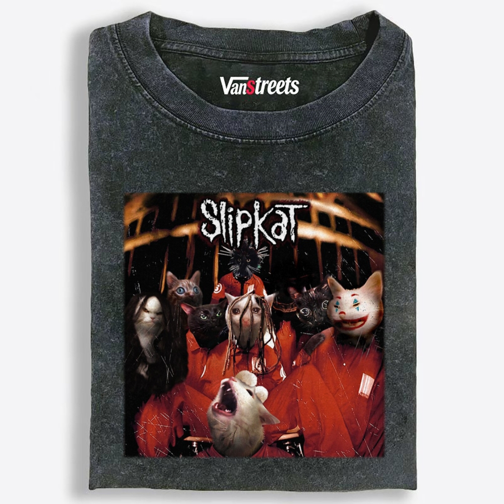 Slipkat: Meowtal Mayhem Retro Washed T-Shirt | 100% Cotton | Streetwear Essential