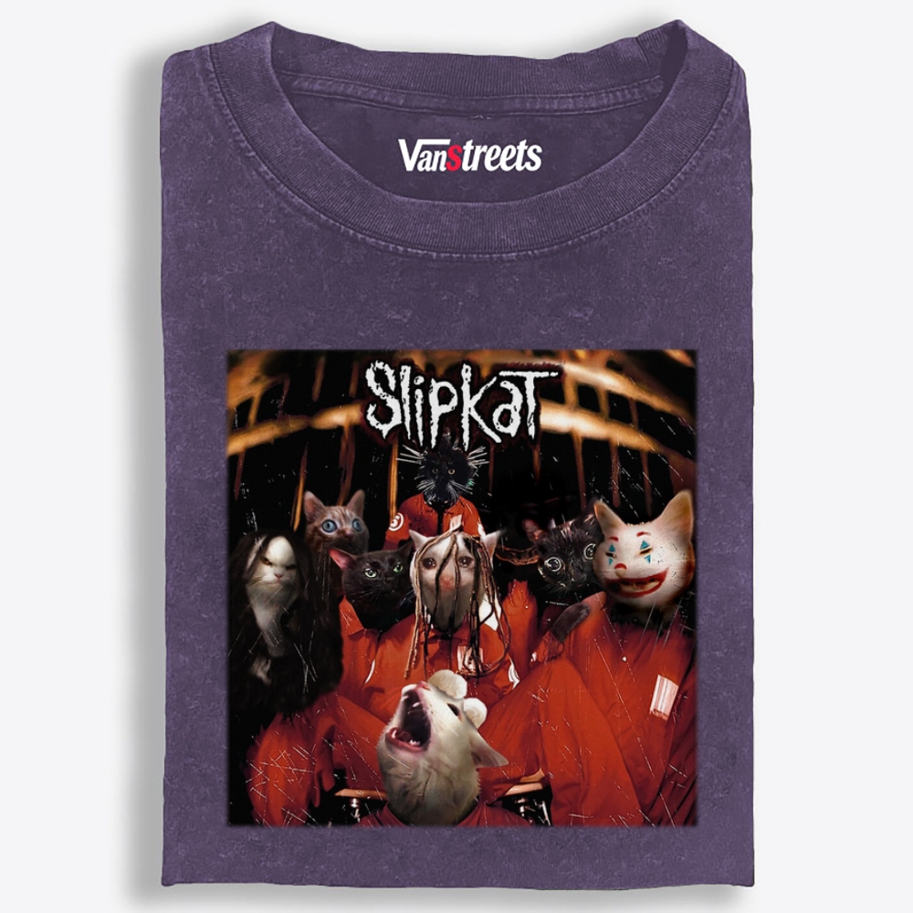 Slipkat: Meowtal Mayhem Retro Washed T-Shirt | 100% Cotton | Streetwear Essential