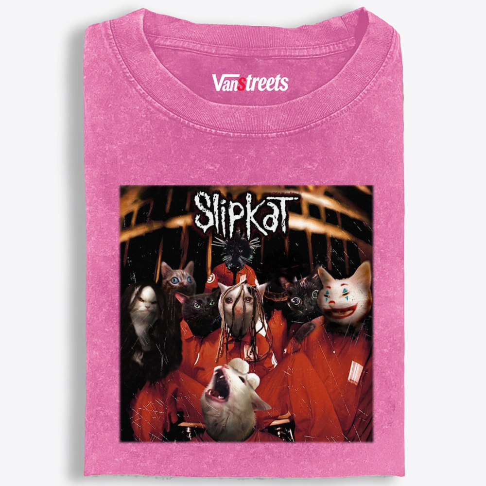Slipkat: Meowtal Mayhem Retro Washed T-Shirt | 100% Cotton | Streetwear Essential