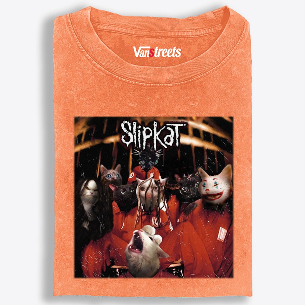 Slipkat: Meowtal Mayhem Retro Washed T-Shirt | 100% Cotton | Streetwear Essential