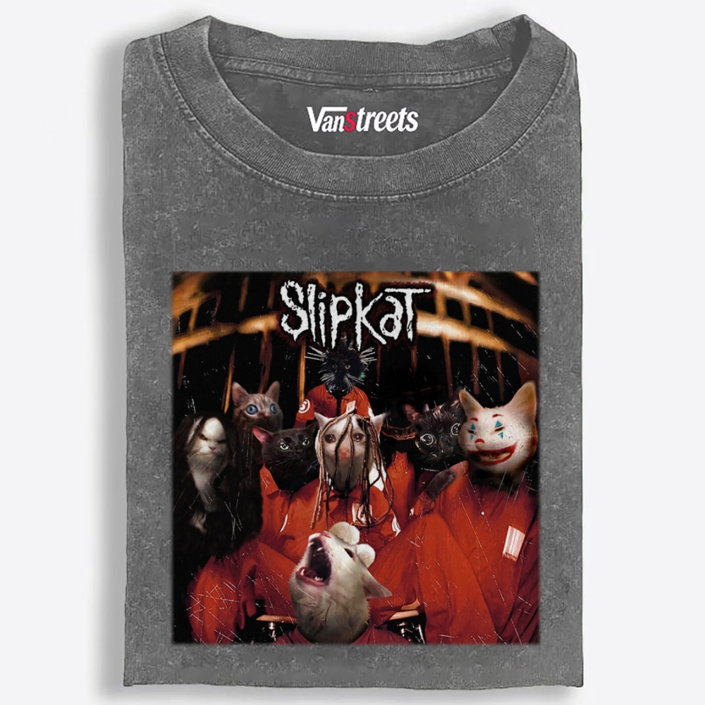 Slipkat: Meowtal Mayhem Retro Washed T-Shirt | 100% Cotton | Streetwear Essential