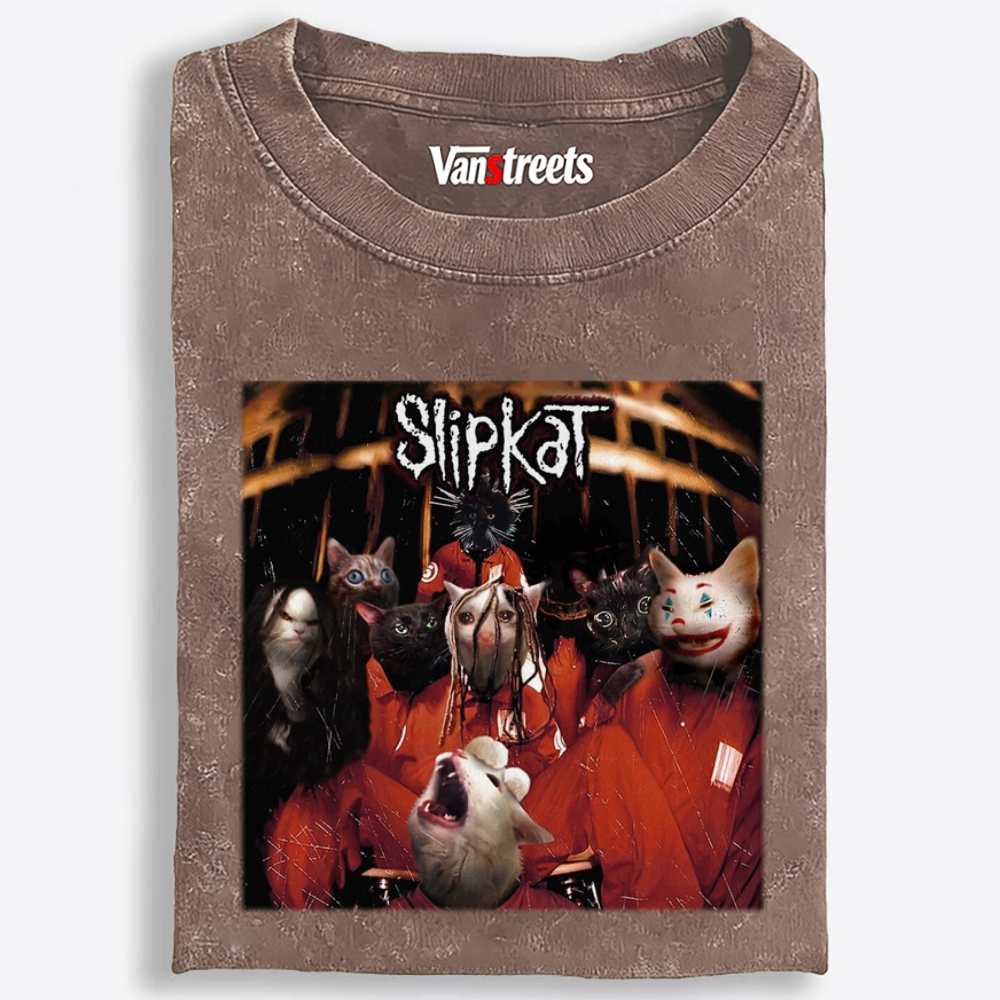 Slipkat: Meowtal Mayhem Retro Washed T-Shirt | 100% Cotton | Streetwear Essential