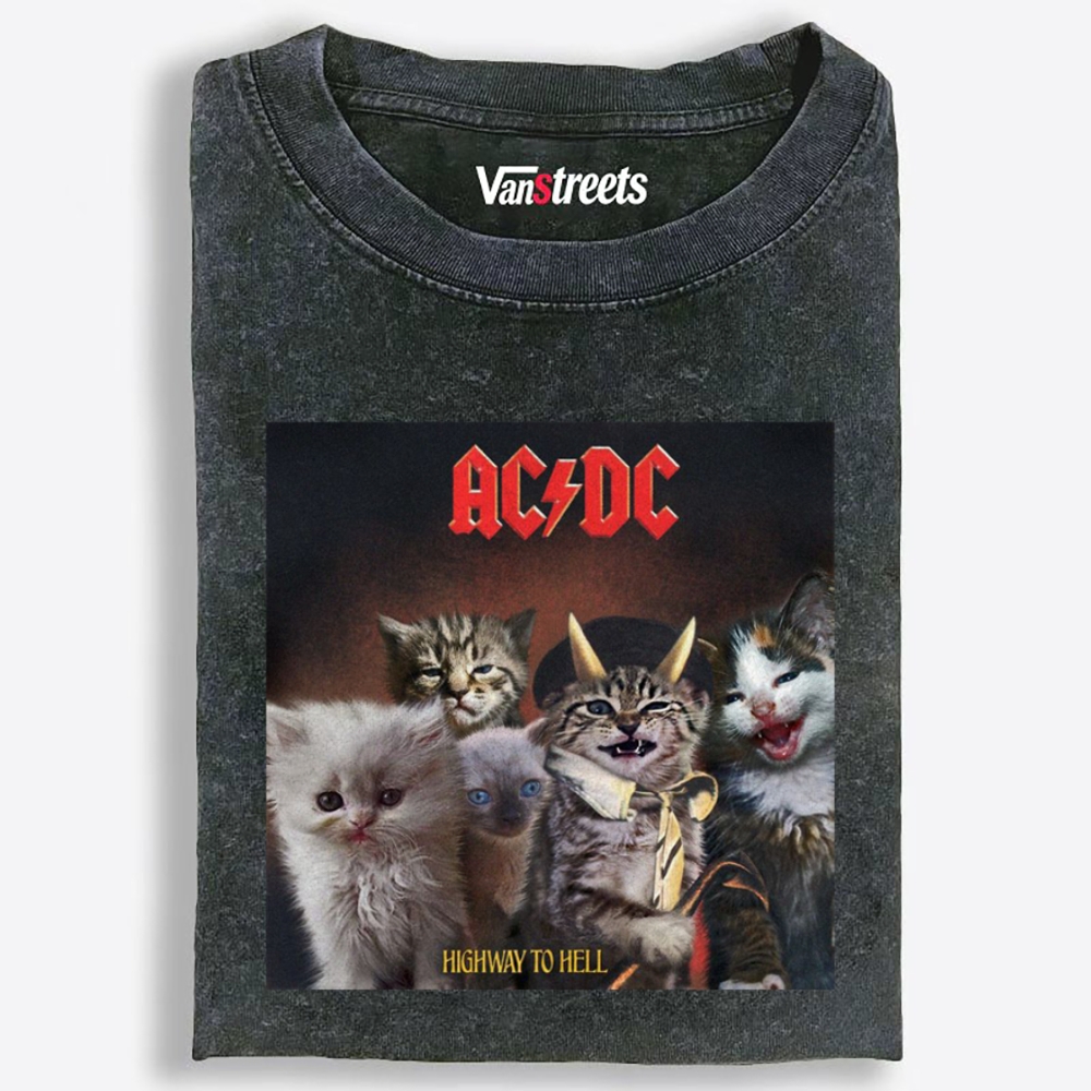 AC/DC: Highway to Meow Retro Washed T-Shirt | 100% Cotton | Streetwear Essential